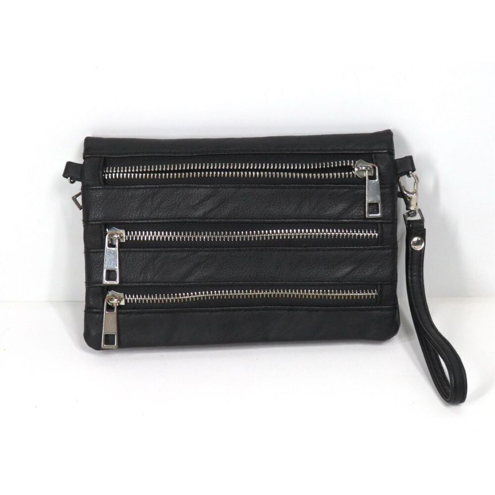 Black Leather Triple Zip Bifold Wristlet Wallet